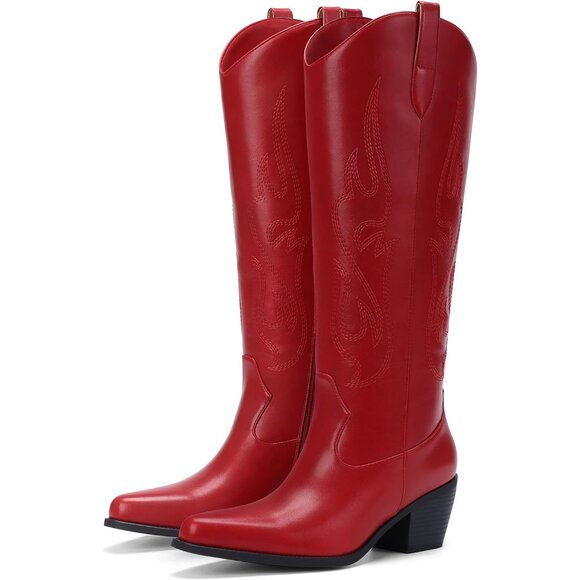 Women Faux Leather Dark Red Embroidered Knee High Pointed Toe Chunky Heel Boot - Picture 5 of 5